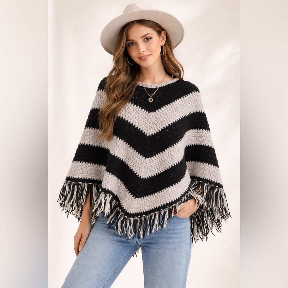Vintage Handmade Black and Gray Chevron Fringe Poncho Sz.‎ OS
